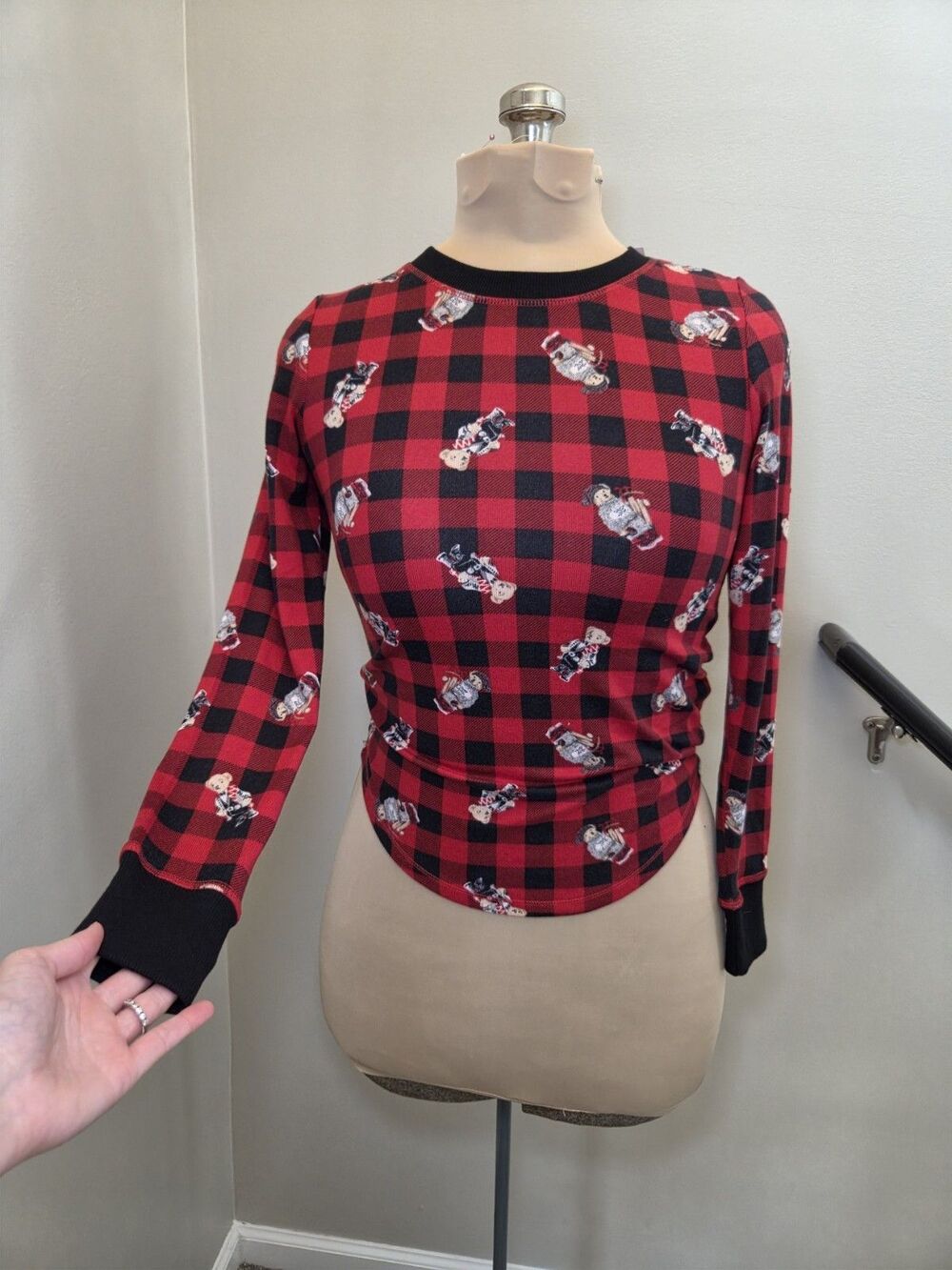 Ralph Lauren Sz XS Polo Teddy Bear Pajama Top Red Black Sleepwear Buffalo Check